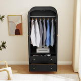 LEVNARY Arched Armoire Wardrobe Closet, Mid-Century Modern 2-Door Freestanding Wardrobe with Hanging Rod and 2 Drawers, Fluted Carved Clothing Storage Cabinet for Bedroom (Black) LEVNARY