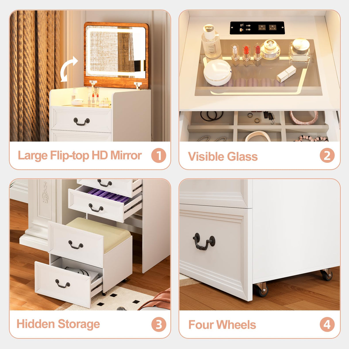 Trygoal 3 in 1 Compact Vanity, Small Dresser Desk with Flip-Top Mirror & Hidden Stool, Farmhouse Vanity Desk with USB Charging Station & 3-Color Lighting, Nightstand with Visible Glass Desktop, White Trygoal