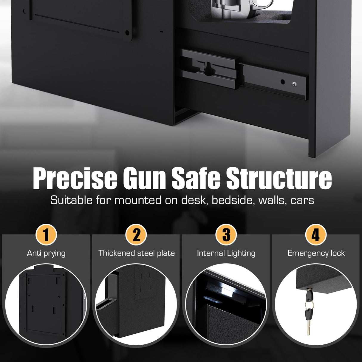 Biometric Slider Gun Safe for Handgun,Hidden Fingerprint Gun Safe Box for Home Nightstand Desk Bedside,Wall Mounted Lock Quickly Access Sliding Door Pistol safes,PIN Code Key PATRON