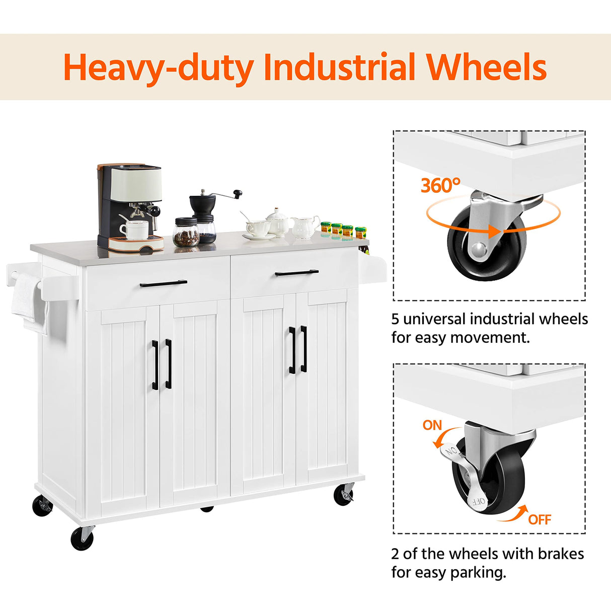 Yaheetech Kitchen Island Cart with Storage & Stainless Steel Countertop, Portable Kitchen Island on Wheels with Cabinet & Adjustable Shelves & 2 Drawers, Rolling Island Table for Kitchen, White Yaheetech