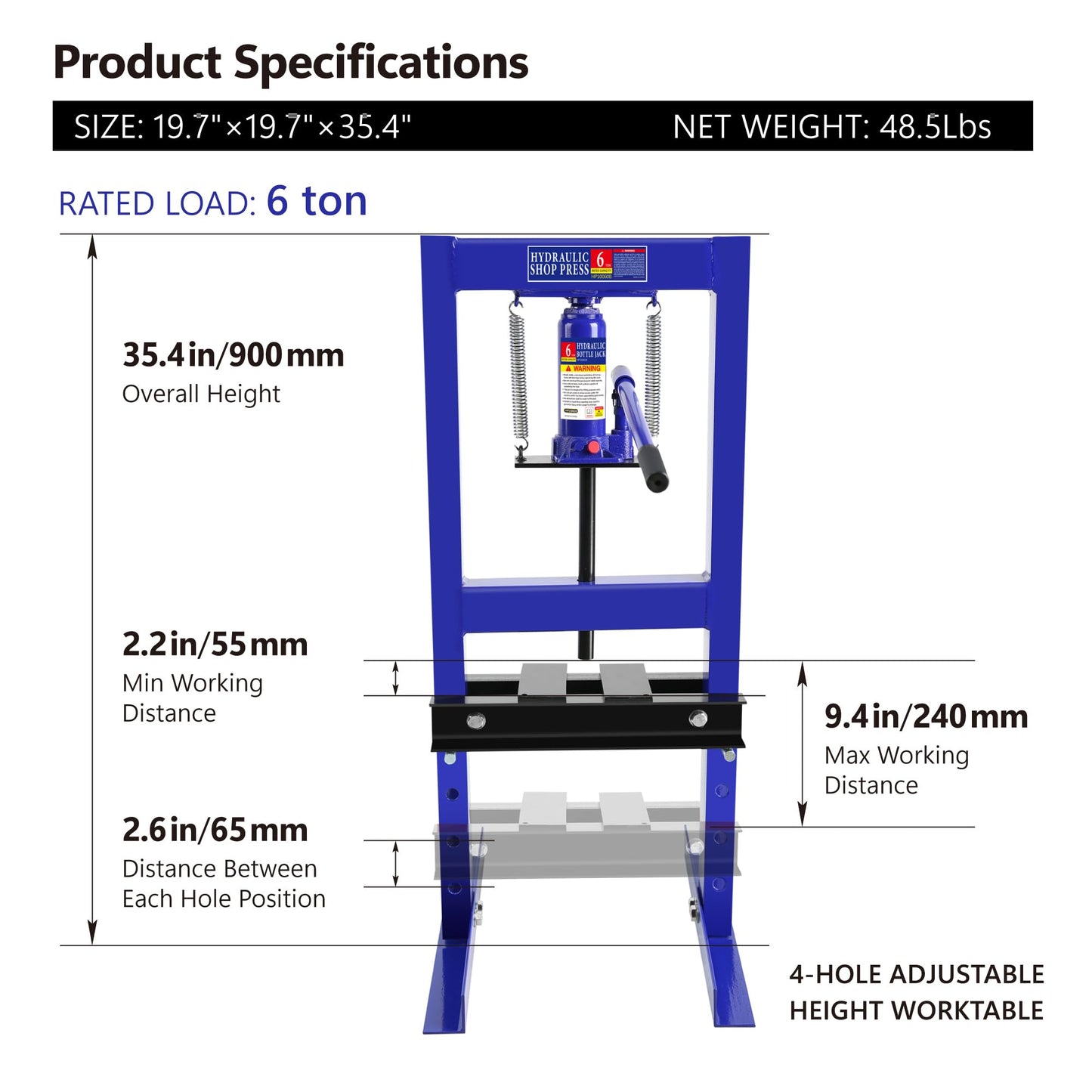 BOSTANA 6-Ton Hydraulic Shop Press, Bearing Press H-Frame Garage Floor with Adjustable Shop Press with Plate, Hydraulic Shop Floor Press for Gears and Bearings, Blue