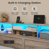 AOGLLATI Farmhouse Full Size Bed Frame with 4 Storage Drawers and Charging Station, Wooden Full Bed Frame with Hidden Space Bookcase Headboard and Led Lights & Metal Slats, Gray AOGLLATI