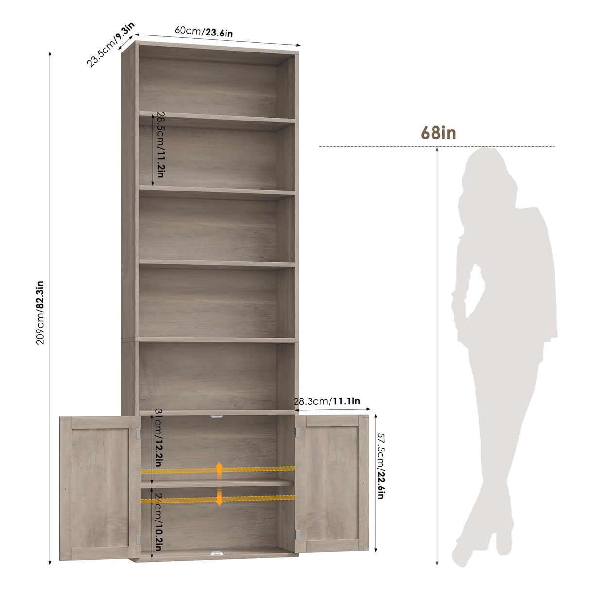 FACBOTALL 82" Tall Bookcase and Book Shelf, 24" Wide Bookshelf with Doors, 7 Tier Bookcase with Storage and Adjustable Shelf, Open and Display Farmhouse Bookshelf for Living Room, Home Office, Gray FACBOTALL
