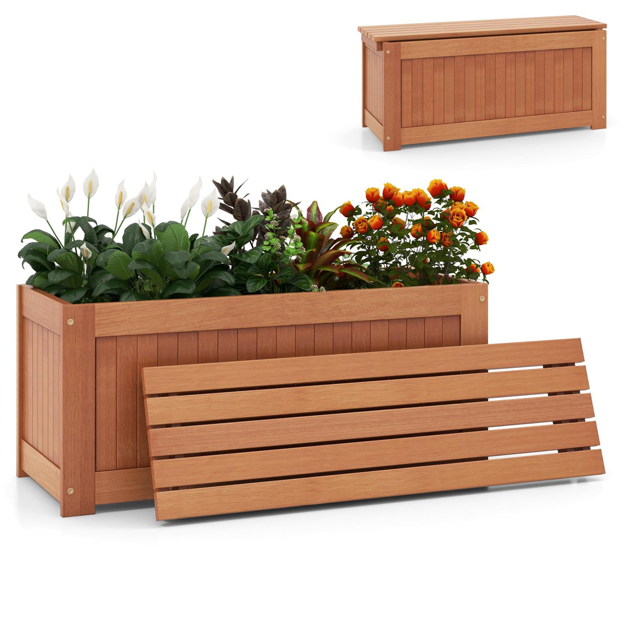 Giantex 2-in-1 Outdoor Bench, Wood Raised Garden Bed with Open Base, Teak Oil Finish, Rectangular Deep Planter Boxes for Flowers Fruit Vegetable, Bench Seat for Porch Yard Balcony Lawn Giantex