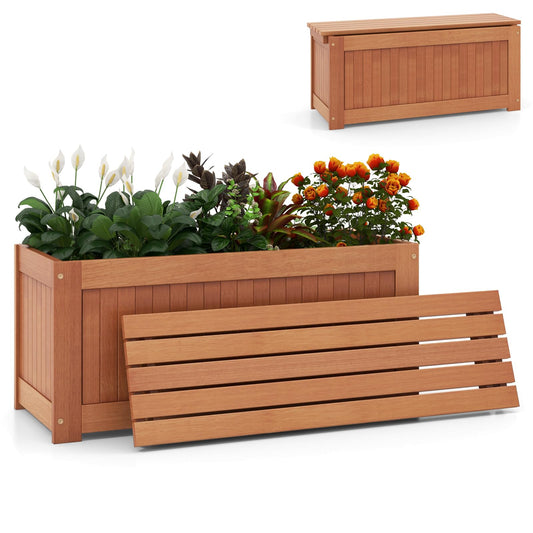 Giantex 2-in-1 Outdoor Bench, Wood Raised Garden Bed with Open Base, Teak Oil Finish, Rectangular Deep Planter Boxes for Flowers Fruit Vegetable, Bench Seat for Porch Yard Balcony Lawn