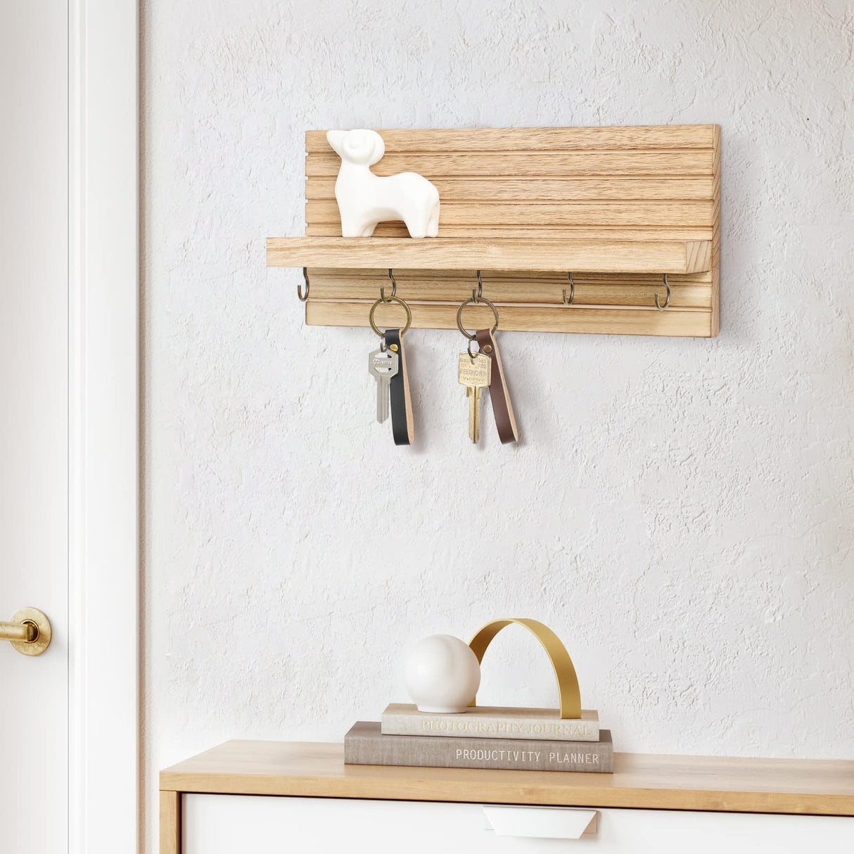 Lwenki Decorative Key Holder for Wall with Shelf, Entryway Shelf with Hooks Holds Leashes, Jackets and Glasses – Sturdy Wood Keyholder Entrance Hanger with Mounting Hardware (Wood) Lwenki