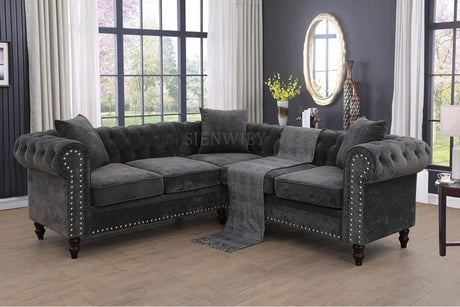 SIENWIEY Chesterfield Sectional Sofa,Deep 80 Inch Luxurious L Shaped Couch Button Tufted Velvet Sofa/Upholstered Rolled Arm with Rivets/Chesterfield Settee Modern 5 Seater Sofa for Living Room，Black SIENWIEY