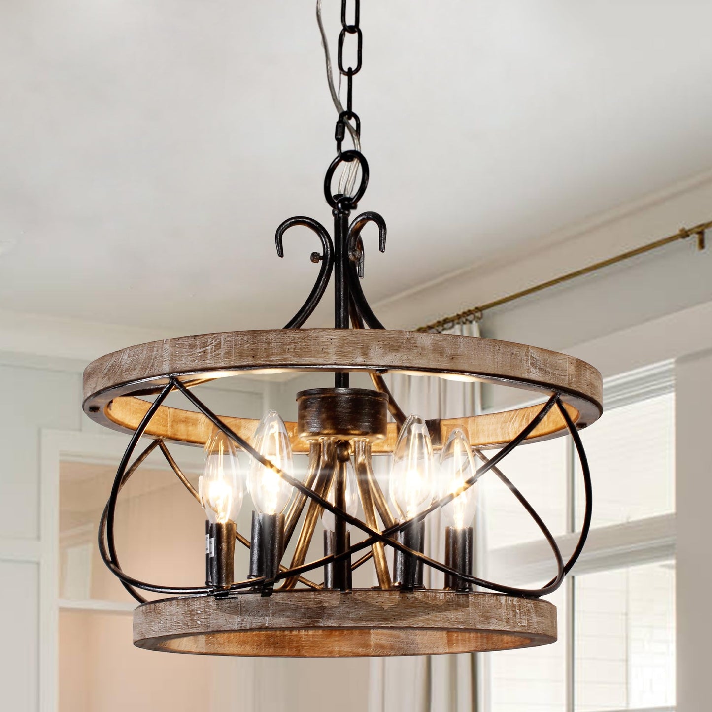 5-Light Farmhouse Wood Chandelier Light Fixture, 15.7" French Country Rustic Industrial Drum Hanging Pendant Lighting Over Table for Kitchen Island Dining Room Entryway - WoodArtSupply