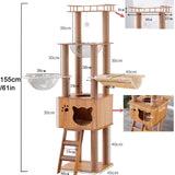 61'' Wooden cat Tree with cat Condo, Cat Stairs Scratching Posts, 2 Bowl,Sisal Scratching Posts,Cozy Cat Hammock and Top Perch. Cat Tree for Large Cats. Yinanroa