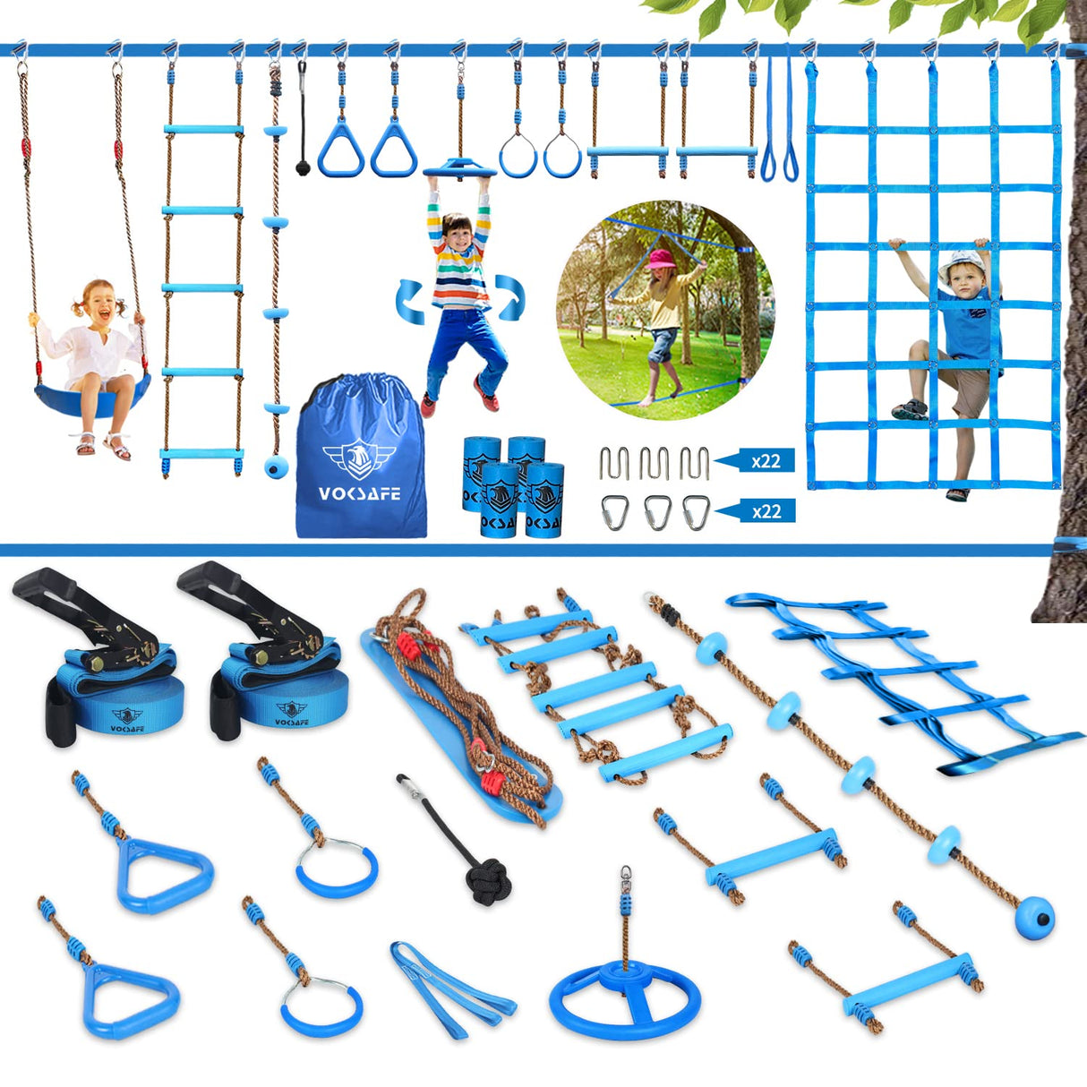 VOKSAFE 56' Weatherproof Ninja Warrior Hanging Obstacle Course Line Backyard Training Equipment Set for Kids, 12 Obstacles, Like Walking Line, Net, Swing VOKSAFE