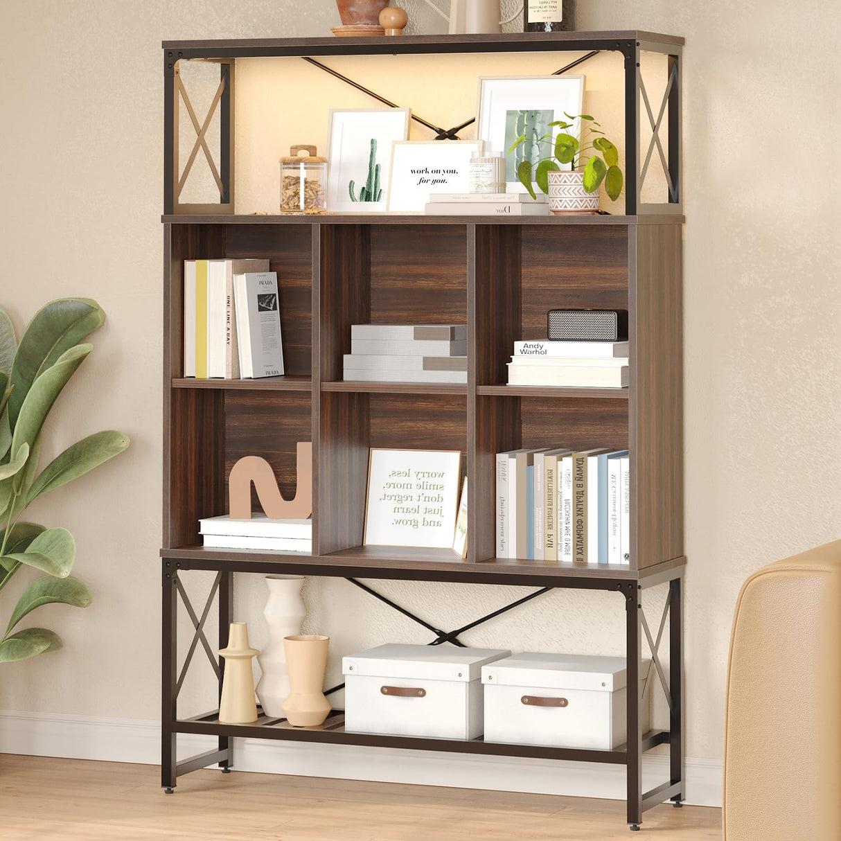Bestier 43 Inch Wide Bookshelf 5 Tier, Mid-Century Modern Bookcase with LED Light, 6 Cubes, 3 Open Storage Shelves Adjustable and Anti-toppling Design for Living Room & Study Room, Walnut Bestier