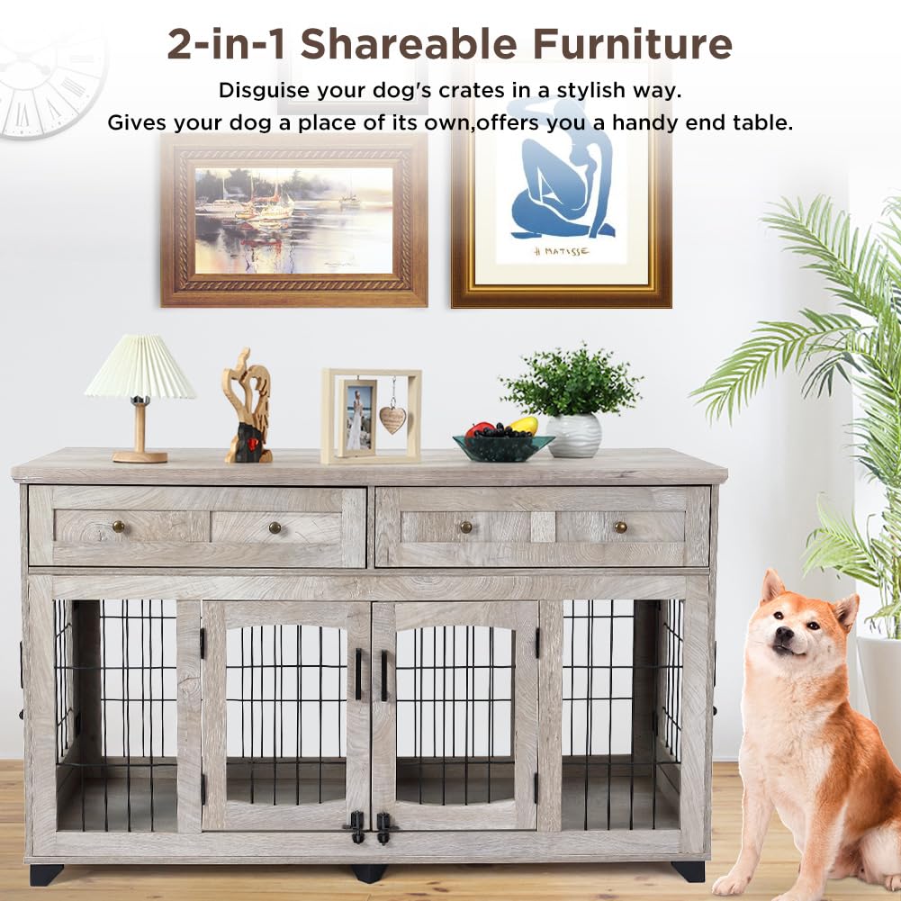 Dog Crate Furniture with 5 Doors,58" Wooden Dog Kennel End Table with Large Capacity Drawers,Dog House with Openable Divider for Small/Medium/Large Dog,Dog Cage,Side End Table,Rustic Grey - WoodArtSupply