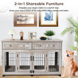 Dog Crate Furniture with 5 Doors,58" Wooden Dog Kennel End Table with Large Capacity Drawers,Dog House with Openable Divider for Small/Medium/Large Dog,Dog Cage,Side End Table,Rustic Grey LALFPET
