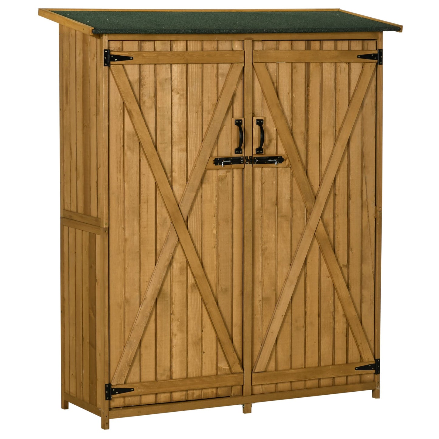 Outsunny Outdoor Storage Cabinet Wooden Garden Shed Utility Tool Organizer with Waterproof Asphalt Rood, Lockable Doors, 3 Tier Shelves for Lawn, Backyard, Natural - WoodArtSupply