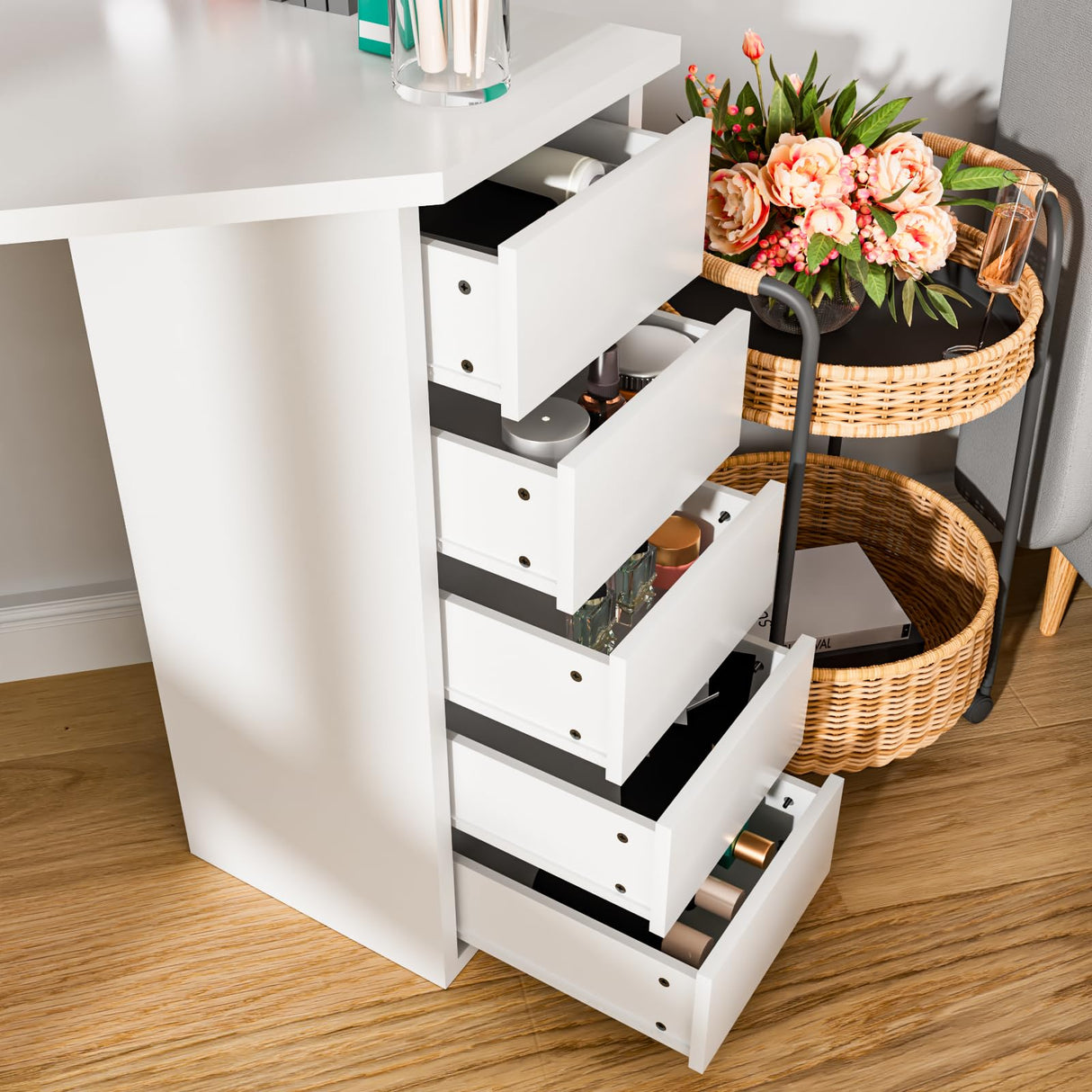 Corner Makeup Vanity Desk with Mirror and Lights - White Vanity Table with 3 Lighted Mirrors 5 Drawers Bedroom Makeup Table with Storage Shelf 44'' Dressing Table for Women Girls Soldow