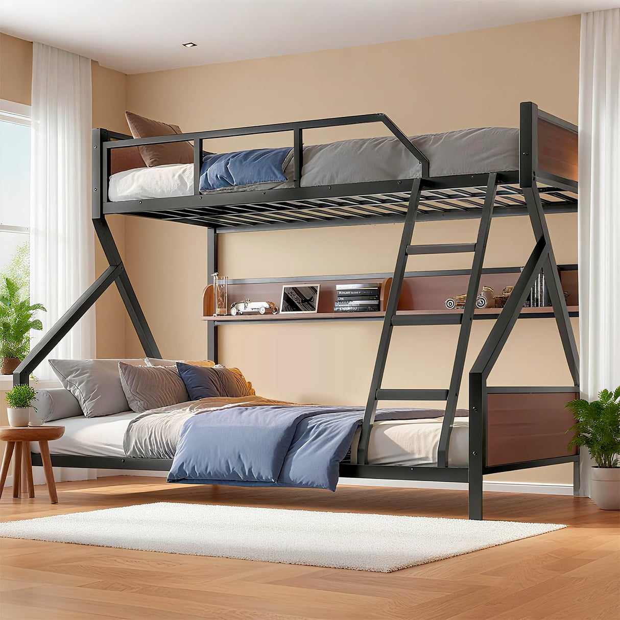 Tassullo Bunk Bed Twin XL Over Queen, Heavy Duty Metal Frame Loft Bed with Storage Shelf & LED Lights, Safety Guardrail and Angle Padded Ladder for Kids, Adults, Space Saving, Noise Free Tassullo