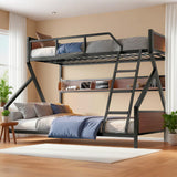 Tassullo Bunk Bed Twin XL Over Queen, Heavy Duty Metal Frame Loft Bed with Storage Shelf & LED Lights, Safety Guardrail and Angle Padded Ladder for Kids, Adults, Space Saving, Noise Free Tassullo