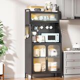 haiorjun Bakers Rack with Storage Cabinet, 66" Tall Kitchen Pantry Cabinet with Microwave Stand, Wheels, Doors and Metal Pegboard Panels for Living Room, Dining Room,Black haiorjun