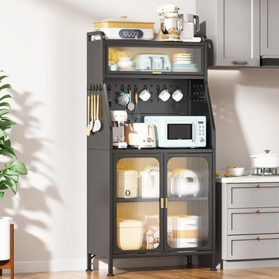 haiorjun Bakers Rack with Storage Cabinet, 66" Tall Kitchen Pantry Cabinet with Microwave Stand, Wheels, Doors and Metal Pegboard Panels for Living Room, Dining Room,Black