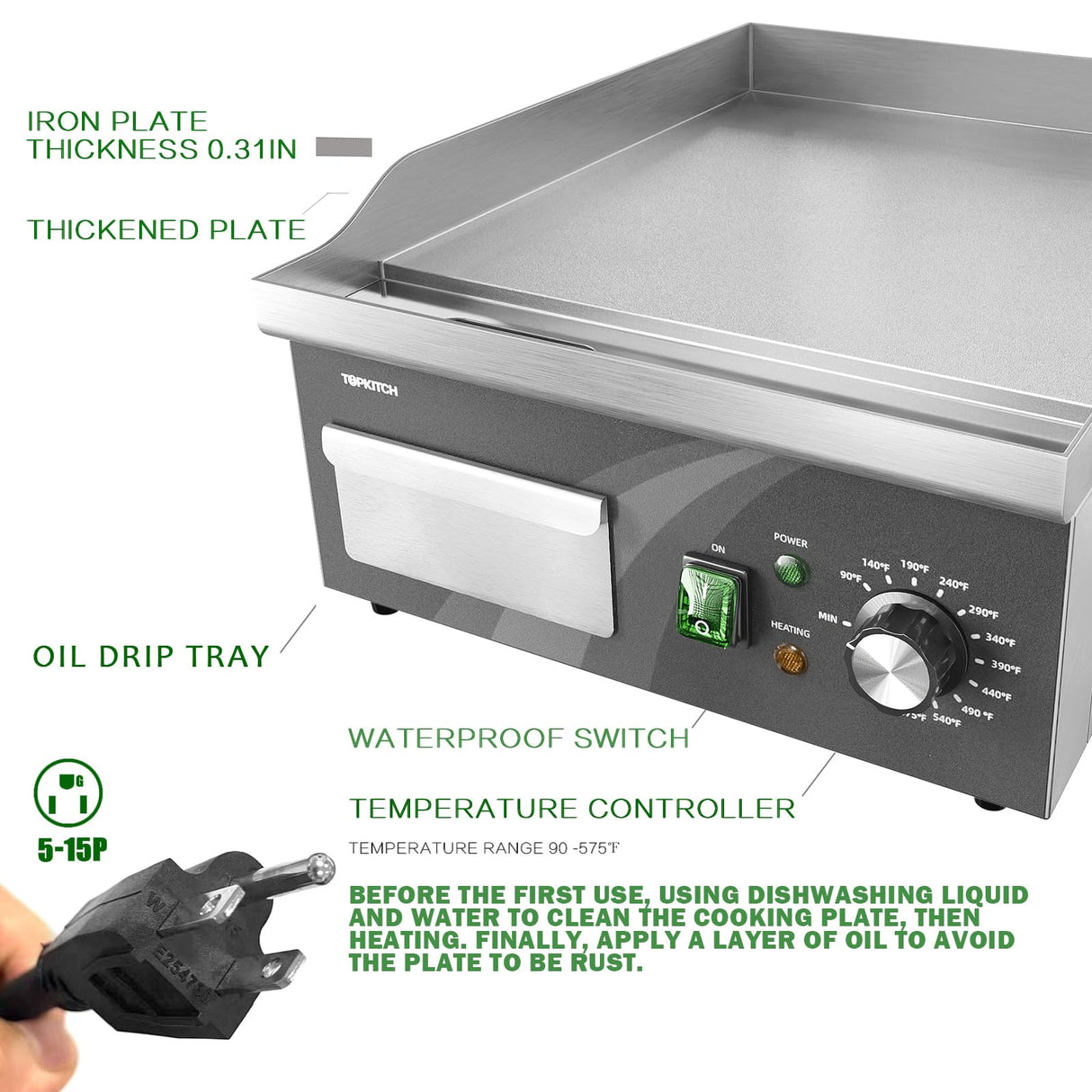 TOPKITCH Electric Griddle, 14 Inch Flat Top Grill Commercial Electric Griddles Stainless Steel Adjustable Temperature Control 90℉-575℉ for Home or Restaurant Use TOPKITCH