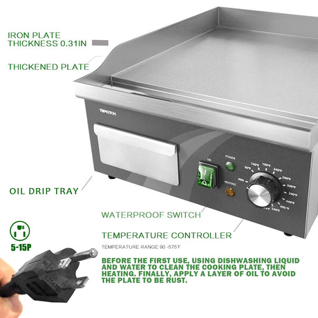 TOPKITCH Electric Griddle, 14 Inch Flat Top Grill Commercial Electric Griddles Stainless Steel Adjustable Temperature Control 90℉-575℉ for Home or Restaurant Use TOPKITCH