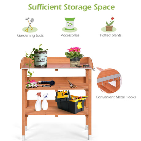 OFFICEJOY Outdoor Potting Bench, 3 Tier Wooden Garden Workstation Table w/Iron Tabletop, 2 Wood Shelf, 5 Hooks, Multifuction Work Station Table Rack for Garden, Backyard, Kitchen, Garage (Deep Oak) OFFICEJOY