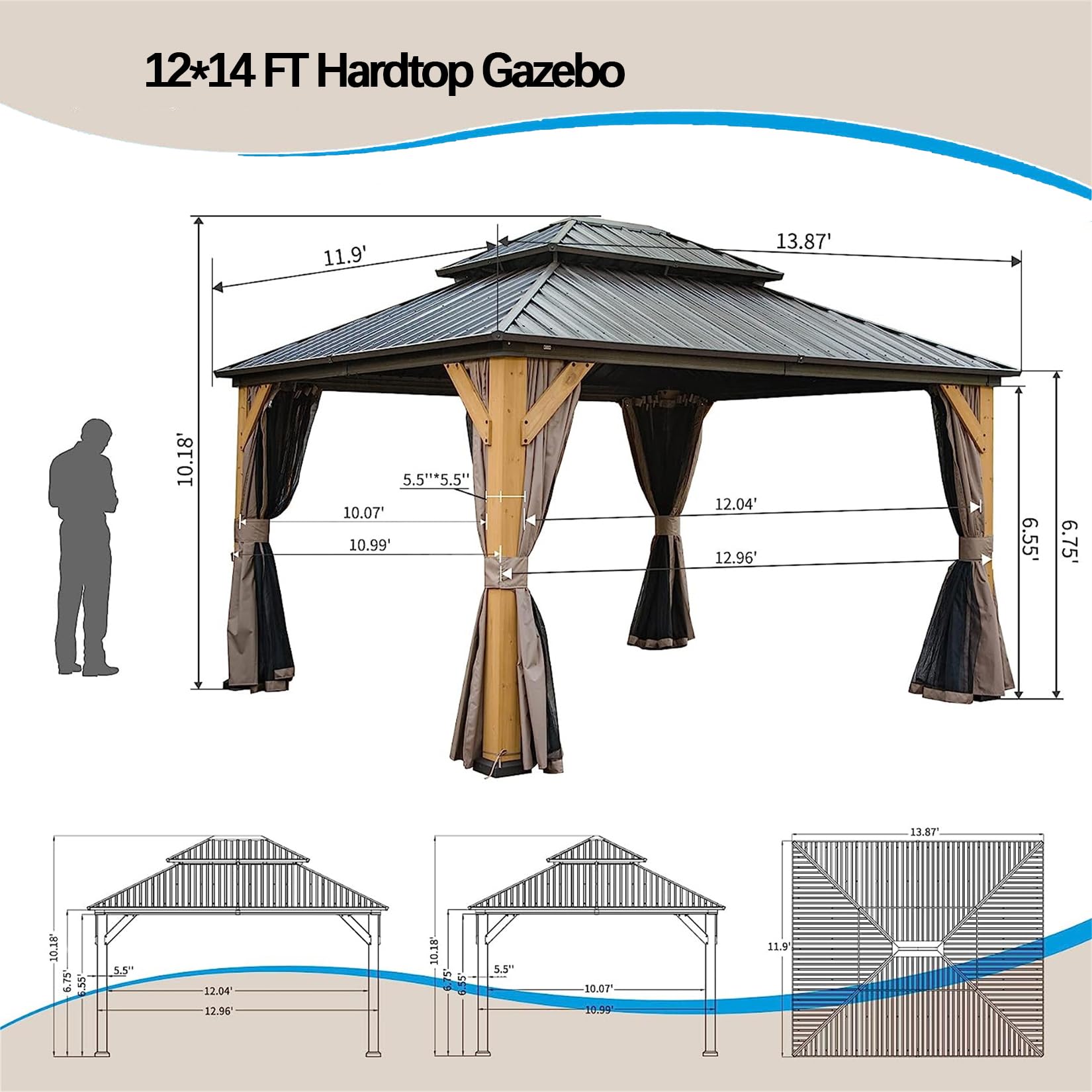 12x14ft Hardtop Gazebo Cedar Wood Frame, Outdoor Gazebo with Galvanized Steel Double Roof, Grill Gazebo Suitable for Patios, Backyards and Lawns - WoodArtSupply