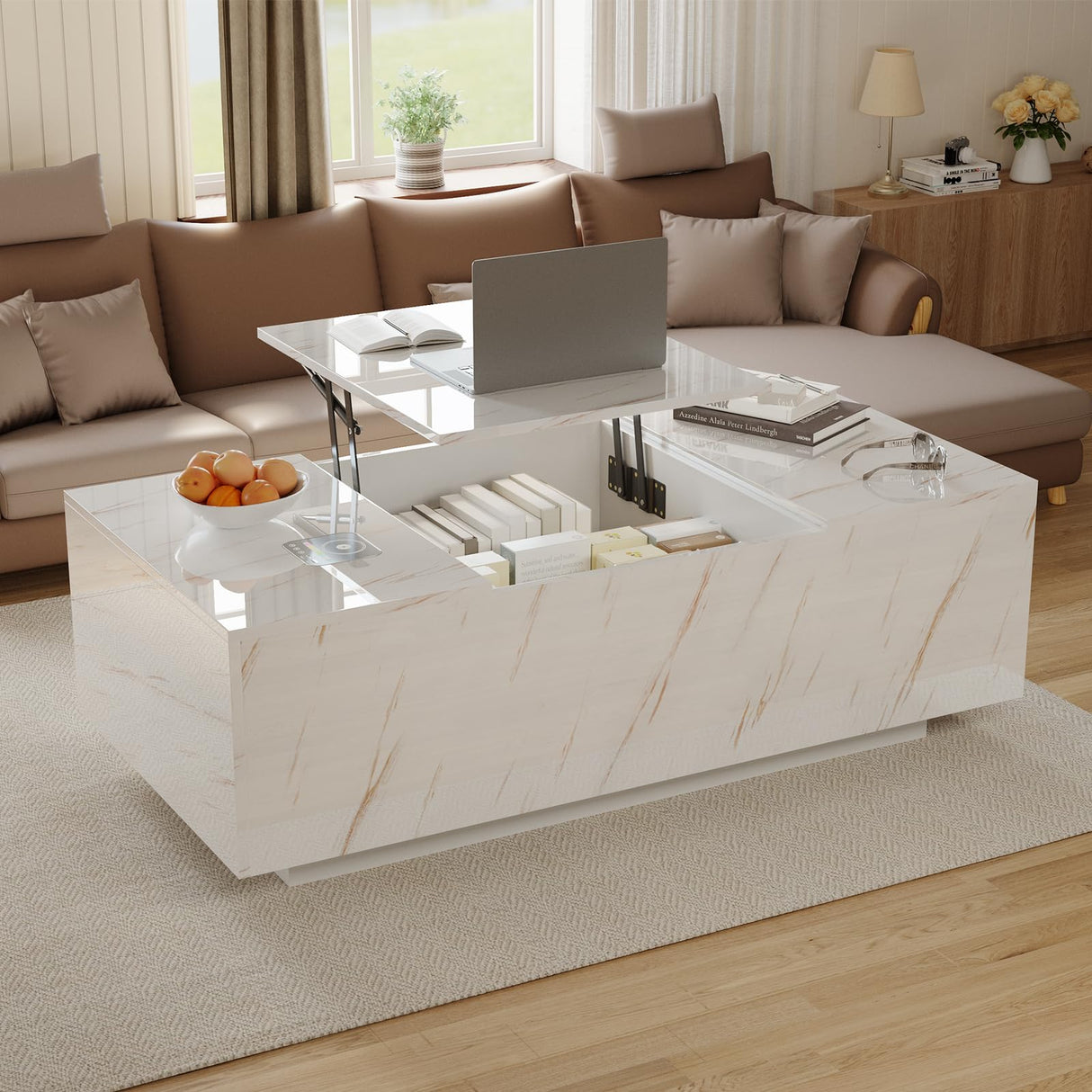 Lift Top Coffee Table, High Glossy Coffee Table with Wireless Charging and Speaker, Modern Coffee Table with 24 Colors LED Lights, Center Table with Drawer and Hidden Compartment for Living Room White PPorfamilia
