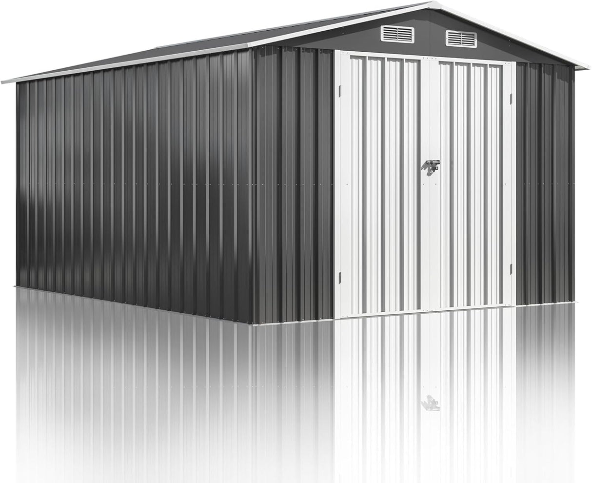 10x14 FT Outdoor Storage Shed with Reinforced Frame, Lockable Tool Shed for Backyard and Garden, All-Weather Metal Structure in Grey (Grey, 10x14 FT) Generic