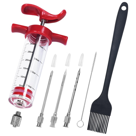 Turkey Injector Syringe - 3 Marinade Injector Needles, 1oz Meat Injector Syringe, Include 5- Hole Needle, Premium Portable Meat Injector Kit with Black Oil Brush & Cleaning Brush, Easy to Use & Clean Kingsmile