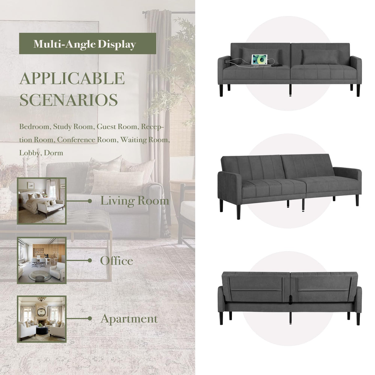 CHYMSUN 82" Convertible Futon Sofa Bed, Comfy Fabric Folding Sleeper Couch Bed w/USB & Adjustable Backrest, 3 in 1 Modern Foldable Recliner Loveseat Futons for Living Room, Apartment, Office (Grey) CHYMSUN