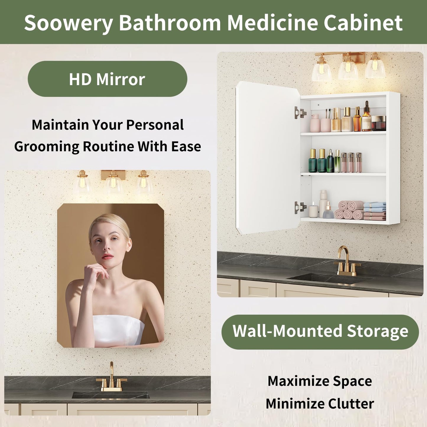 SOOWERY Medicine Cabinet Mirror 19.6" W x 26" H Bathroom Mirror with Storage Wall Mounted Medicine Mirror Cabinet Wood Organizer with Single Door Farmhouse Bathroom Storage Cabinet - WoodArtSupply