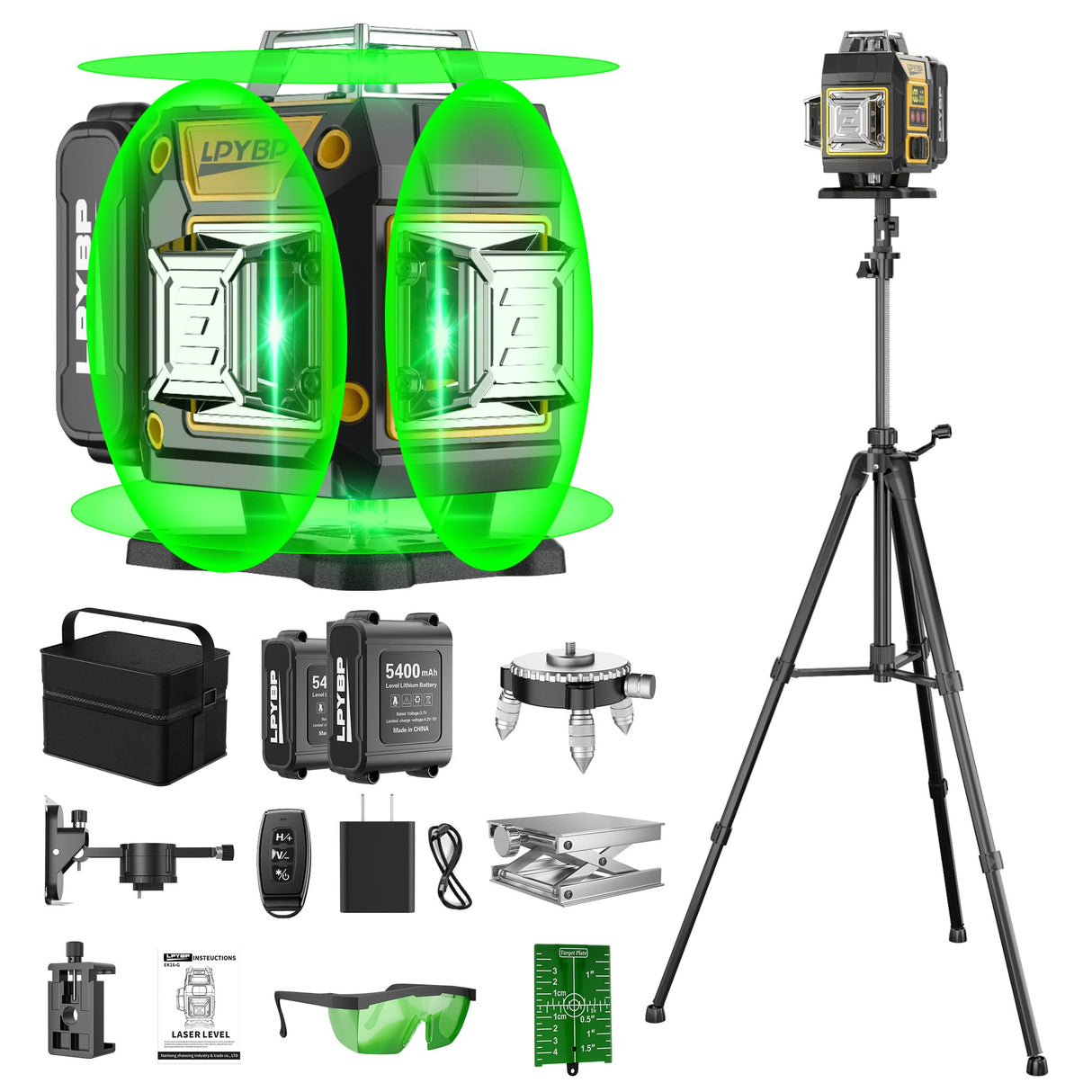Laser Level 360 Self Leveling with Tripod, 200ft/60m working distance with vertical and horizontal lines, self-leveling mode&IP54 waterproof set LPYBP
