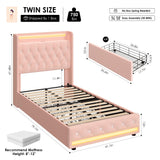 HIFIT Upholstered Twin LED Bed Frame with Charging Station Headboard & 4 Storage Drawers, Velvet Crystal Button-Tufted Princess Twin Size Platform Bed Frames for Kids/Girls, No Box Spring Needed, Pink HIFIT