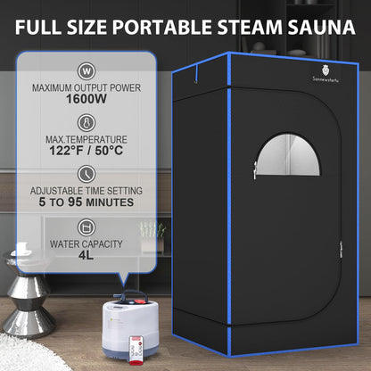 Portable Steam Sauna, Full Size Steam Sauna Box, 600D Canvas Personal Home Sauna Spa, at Home Full Body Sauna, FCC Certified 4L & 1600W Steam Generator with Remote Control, 70.9"x 35.4"x 35.4", Black