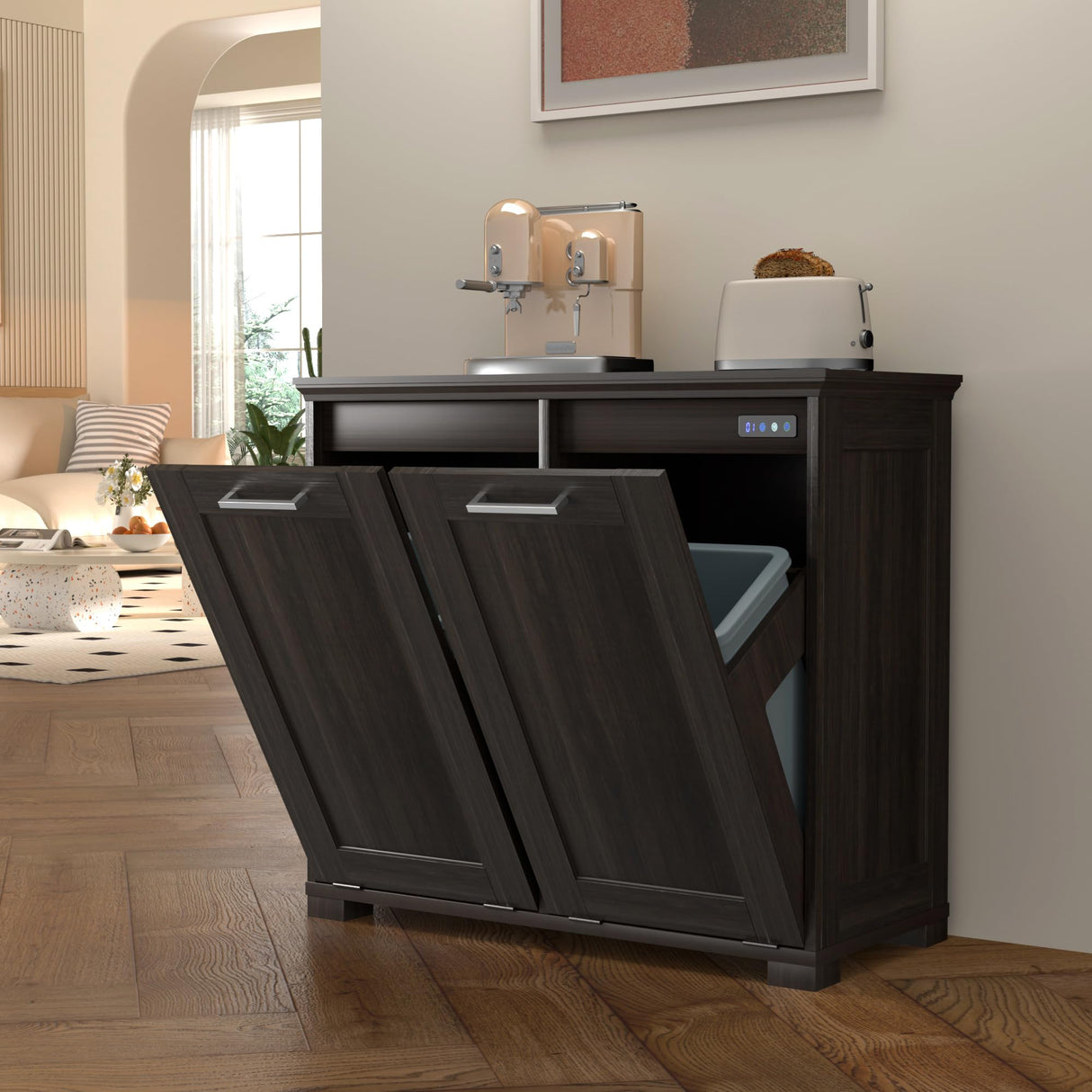 Ymise Tilt Out Trash Can Cabinet, Wooden Trash Cabinet with Deodorising Function, 20 Gallons Freestanding Dog-Proof Garbage Bin Cabinet for Home, Kitchen and Living Room, Dark Brown Ymise