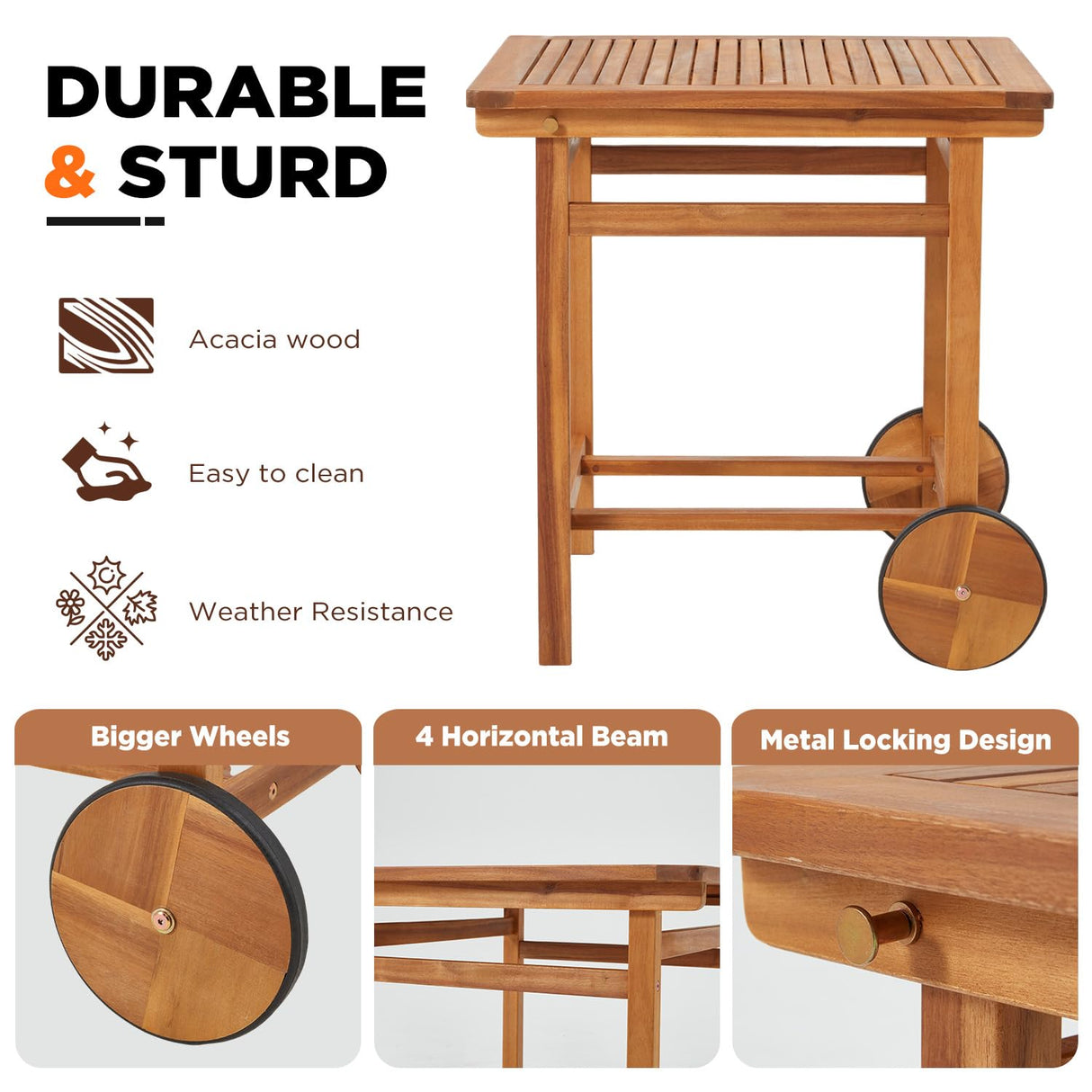 JFHID 5 Piece Outdoor Patio Dining Set, Acacia Wood Outdoor Table and Chairs with Wheels, Farmhouse Style Portable Dining Set for Backyard, Deck & Poolside JFHID