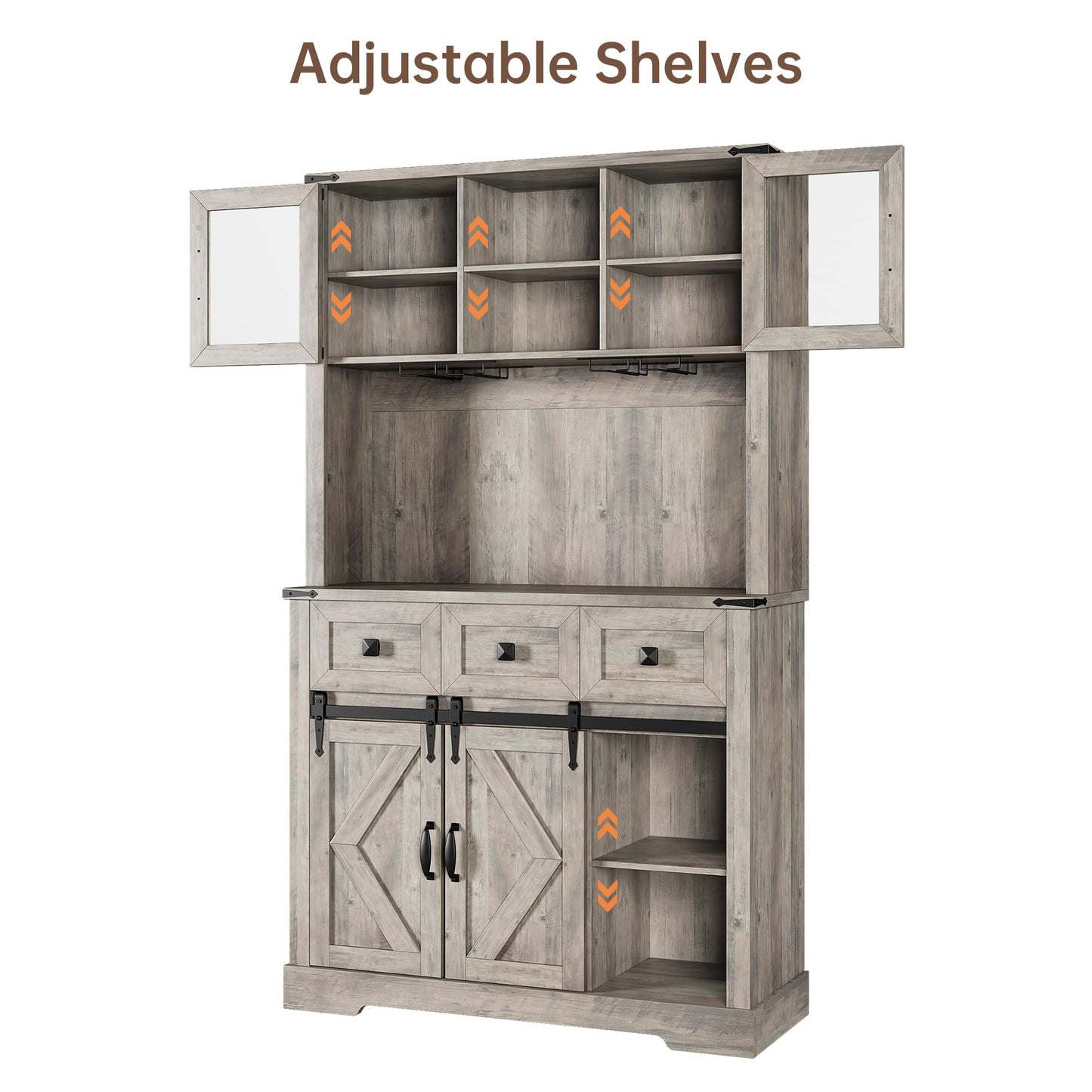 72" Farmhouse Bar Cabinet with Sliding Barn Door, Tall Kitchen Buffet with Storage Hutch and 3 Drawer, Rustic Coffee Bar Sideboard with Wine & Glasses Rack, for Living Room, Washed Grey