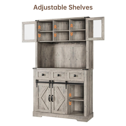 72" Farmhouse Bar Cabinet with Sliding Barn Door, Tall Kitchen Buffet with Storage Hutch and 3 Drawer, Rustic Coffee Bar Sideboard with Wine & Glasses Rack, for Living Room, Washed Grey