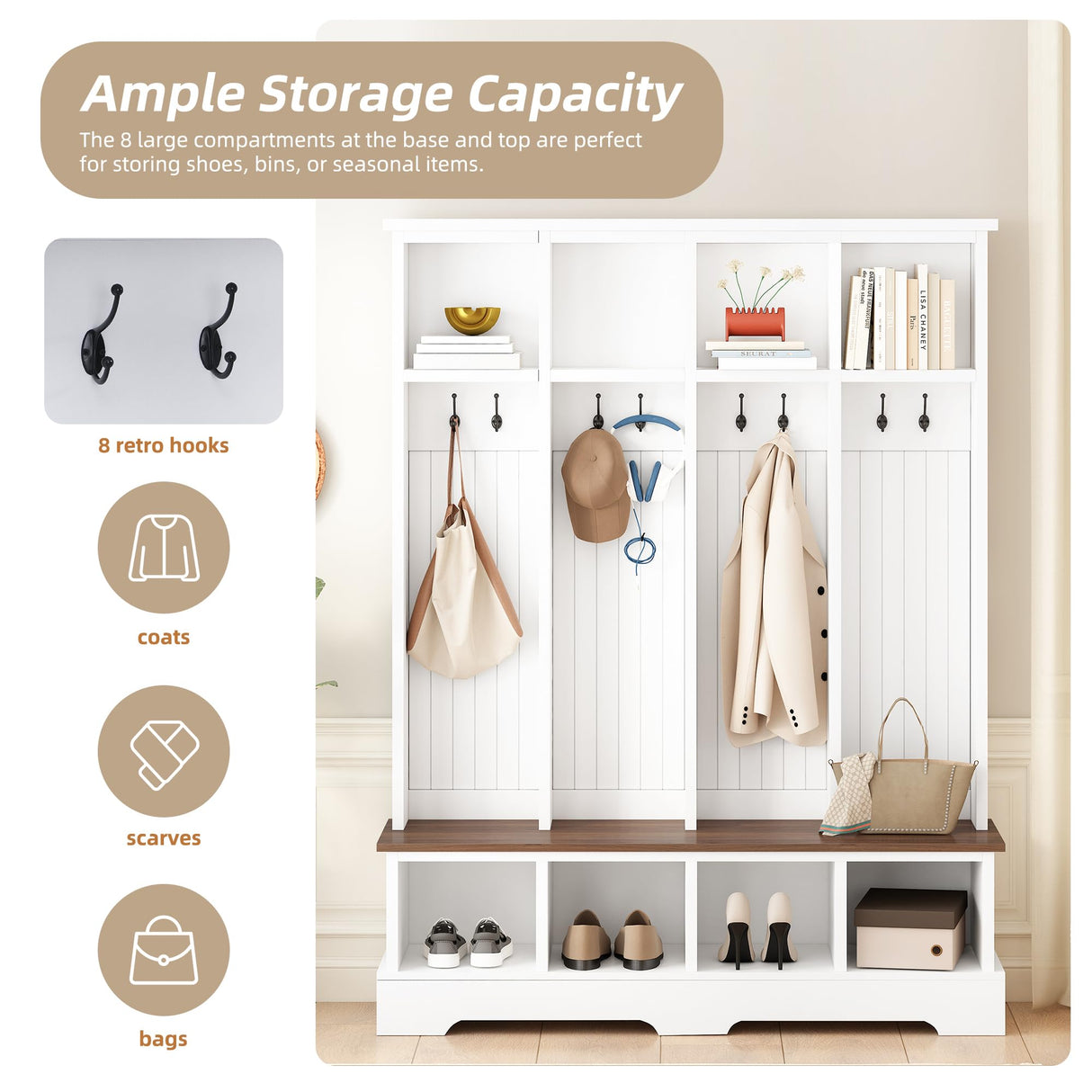 Merax 59" W Hall Tree,Farmhouse Entryway Storage and Wood Coat Rack, Entryway Furniture with 8 Hooks, Hall Tree with Bench and Shoe Storage, Rustic White Merax