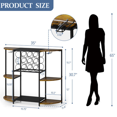 JKsmart Wine Bar Cabinet with LED Lights, Mini Wine Rack with Storage and Glass Holder, Home Mini Bar Cabinet for Liquor, 3-Tier Coffee Bar Storage for Kitchen, Dining Room, Living Room, Rustic Brown JKsmart