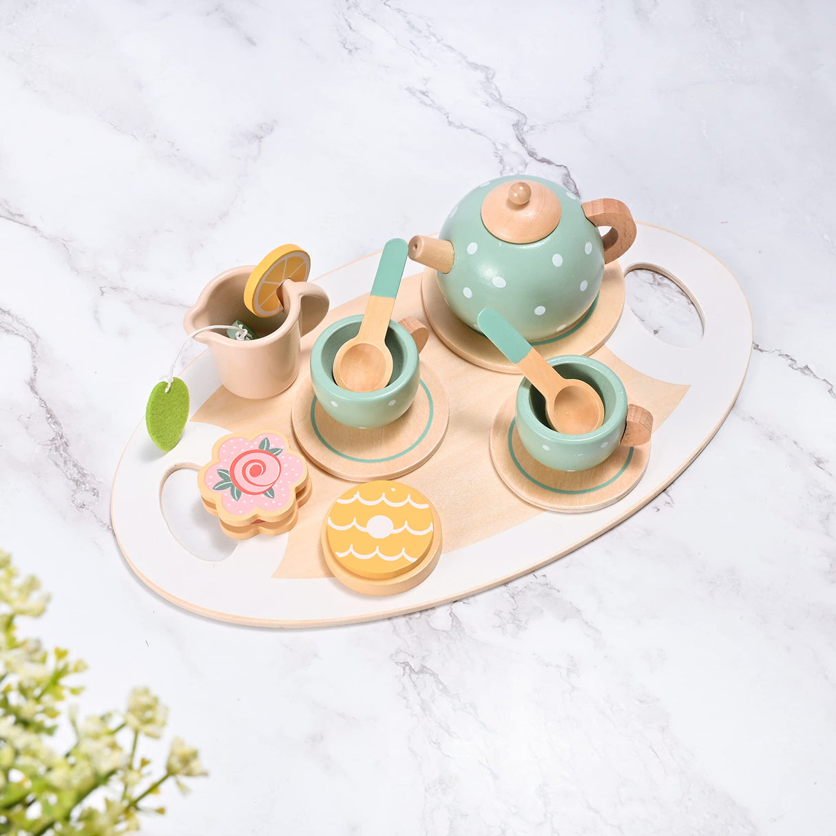 15pcs Wooden Tea Set for Little Girls, MONT PLEASANT Wooden Toys, Toddler Tea Set Play Kitchen Accessories Play Food playset for Kids Tea Party MONT PLEASANT