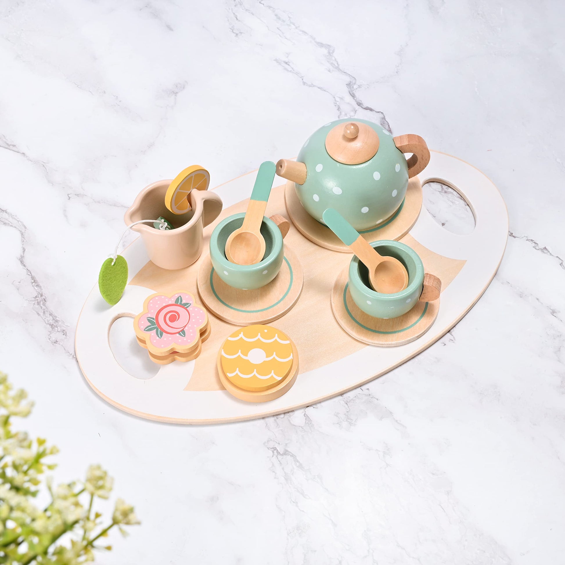 15pcs Wooden Tea Set for Little Girls, MONT PLEASANT Wooden Toys, Toddler Tea Set Play Kitchen Accessories Play Food playset for Kids Tea Party - WoodArtSupply