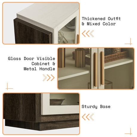 AMERLIFE Sideboard Buffet Cabinet, Mixed Color Accent Cabinet with LED Lights, Modern Glass Doors Storage Cabinet with Adjustable Shelf, Console Table for Dining, Living Room, White and Grey AMERLIFE