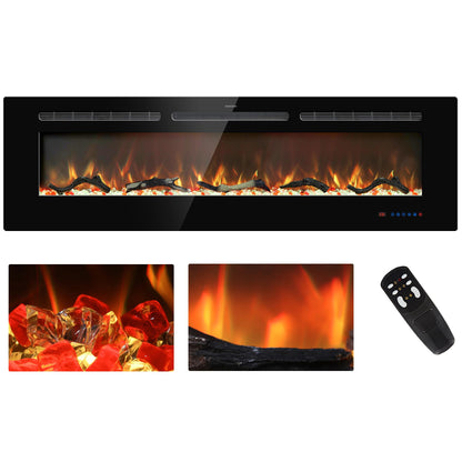 Kentsky 60 inches Electric Fireplace Inserts, Recessed and Wall Mounted Fireplace Heater, Linear Fireplace w/Thermostat, Remote & Touch Screen, Multicolor Flame, Timer, Logs & Crystal, 750W/1500W