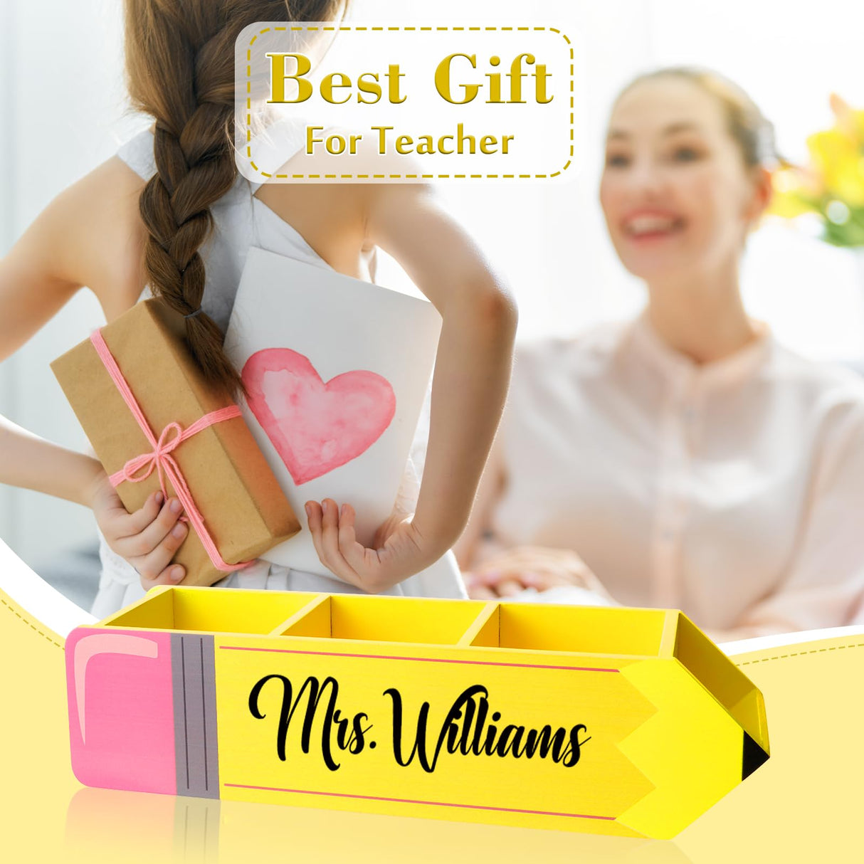 Zhamate Personalized Pencil Holder, Teacher Appreciation Gifts Teacher Name Pencil Holder Wooden Pencil Shape, Teachers' Day Birthday Supplies for Women Men Desk Sign Classroom School Office Decor Zhamate