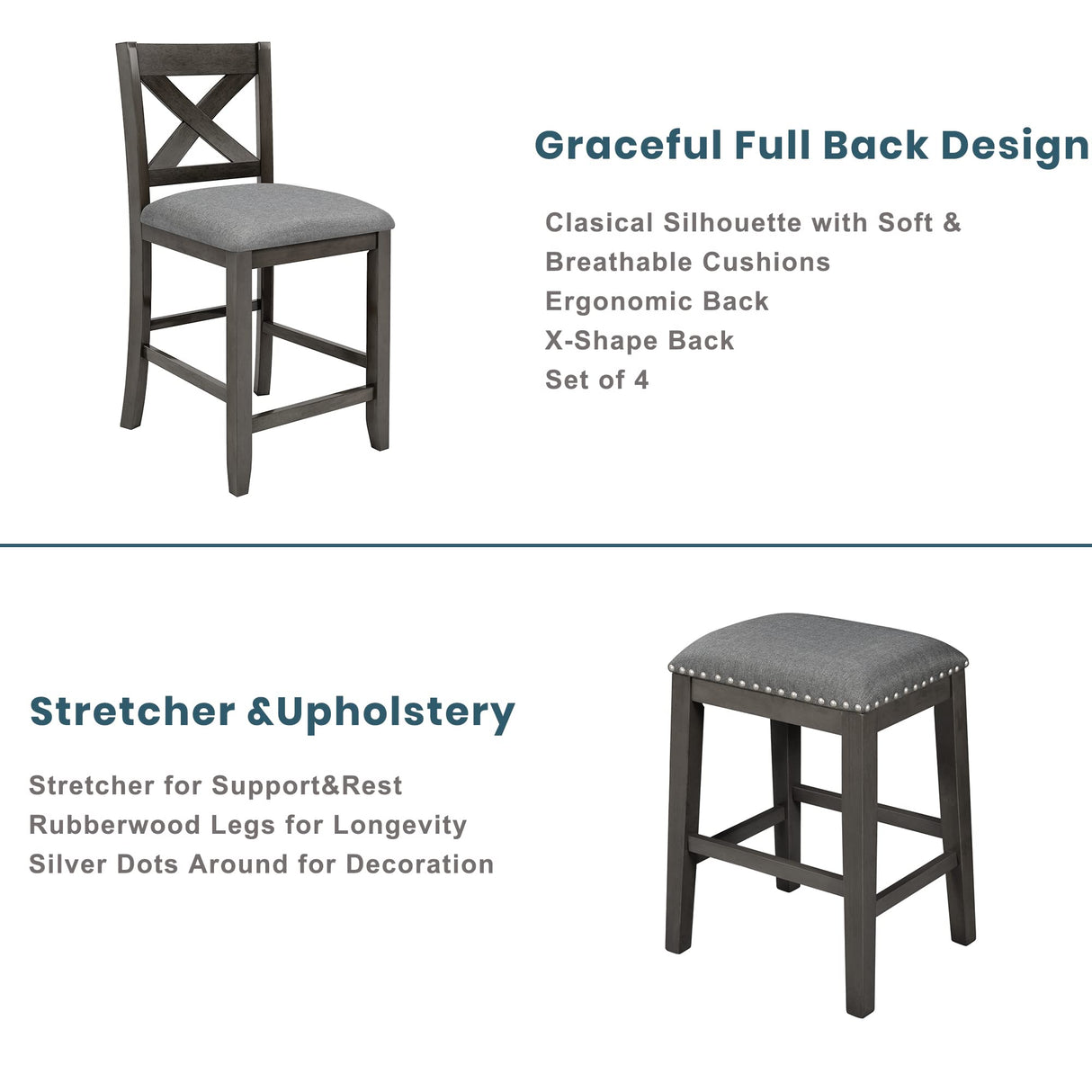 Quarte Farmhouse Dining Room Table Set, 5 Pieces Counter Height Wooden Bar Table Set with 3-Tier Storage, 2 Stools and 2 Chairs,Compact Pub Table Set for Small Kitchen Room (Gray/Rustic+2) Quarte