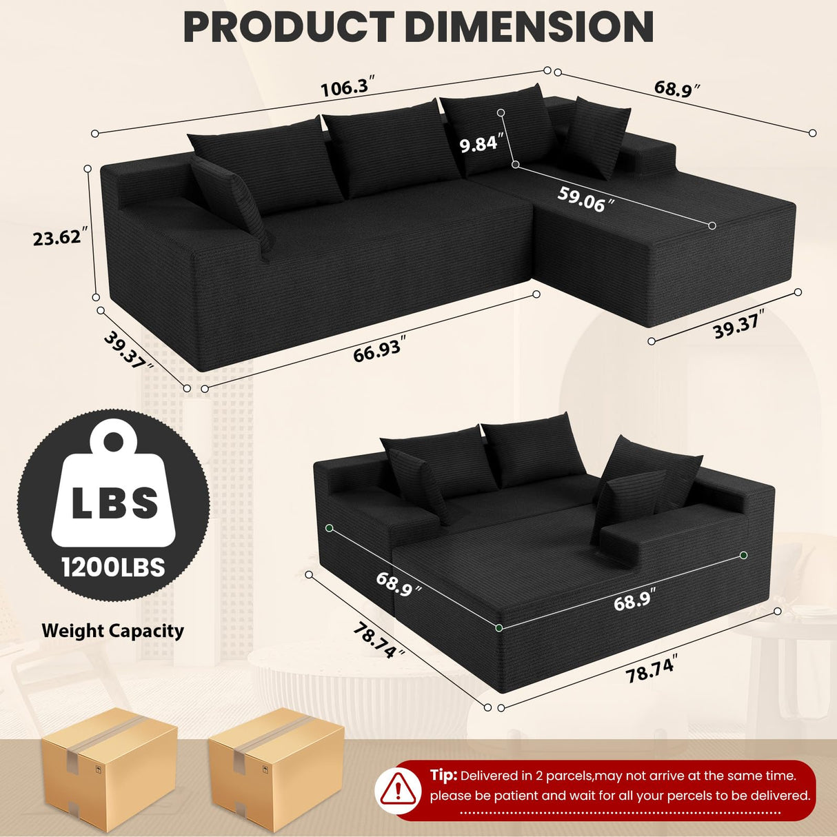 LEVELEVE 106" Cloud Sectional Couch with Deep Seat，Modern Modular Sofa with L-Shape Chaise，No Assembly Required, Upholstered Couches for Living Room Bedroom(Black,Right Facing Chaise) LEVELEVE