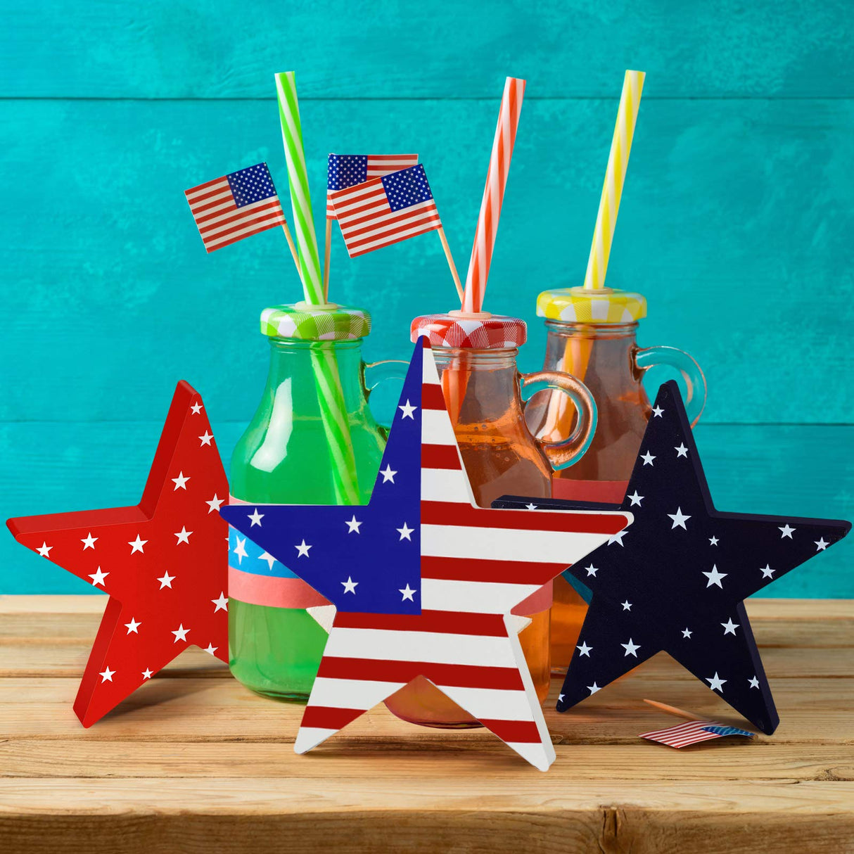 Youyole 3 Pieces Independence Day Wooden Star Blocks Patriotic Wood Star Standing Blocks 4th of July Tabletop Decor for American Festival Celebration Home Decor (American Flag Prints Series) Youyole