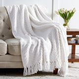 Bedsure Throw Blanket for Couch – White Versatile Knit Woven Chenille Blanket for Chair, Super Soft, Warm & Decorative Blanket with Tassels for Bed, Sofa and Living Room (White, 50 x 60 inches) Bedsure